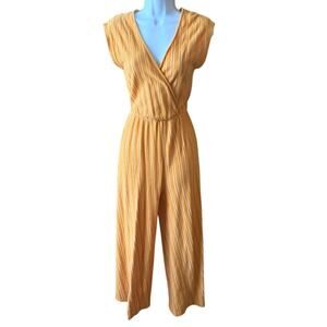 Yellow Striped Surplice Jumpsuit, Wide Leg, Elastic Waist, Cropped Length